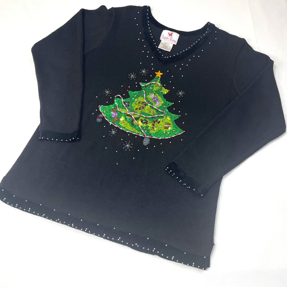 Quacker Factory Womens Beaded Sequin Christmas Tree‎ V Neck Black Sweater Medium